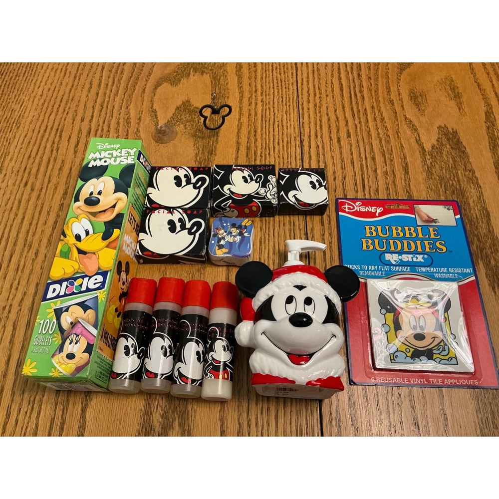 Vintage Mickey Mouse Bathroom Set Soap Dispenser Dixie Cups Bubble Buddies Lot